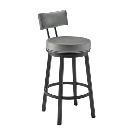 Armen Living Dalza Swivel Counter Stool in Black Finish with Gray Faux Leather 840254333543